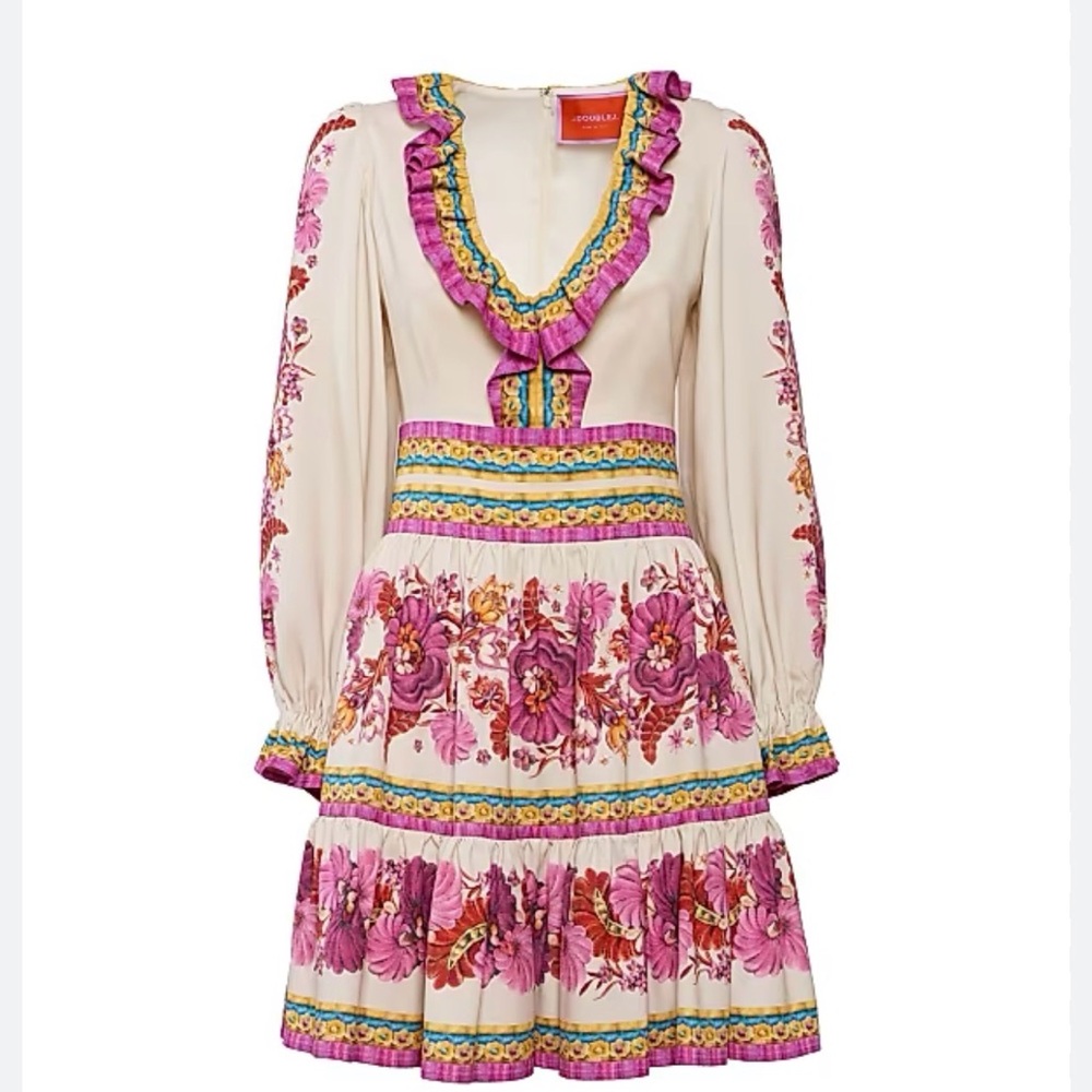 Floral Ruffled V-Neck Short Dress in Cream and Pink.